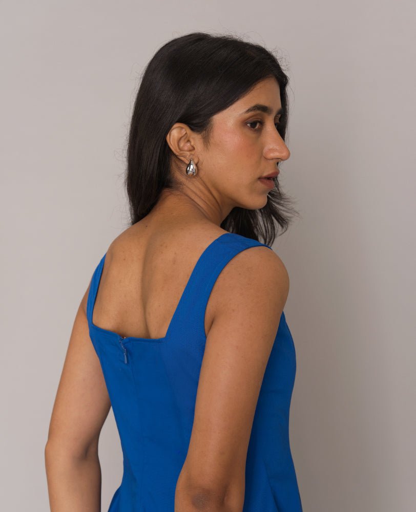 Cobalt Blue Cotton Square Neck Flared Midi Dress - Mileenia
