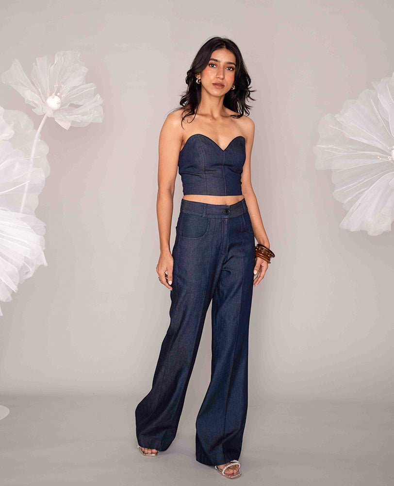 Dark Denim Sweetheart Neck Bustier Top with Wide - Leg Pants Co - ord Set - Mileenia