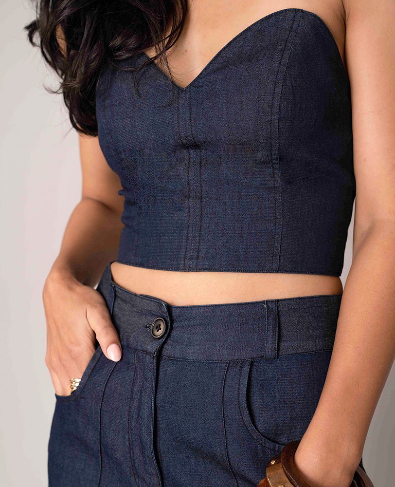 Dark Denim Sweetheart Neck Bustier Top with Wide - Leg Pants Co - ord Set - Mileenia
