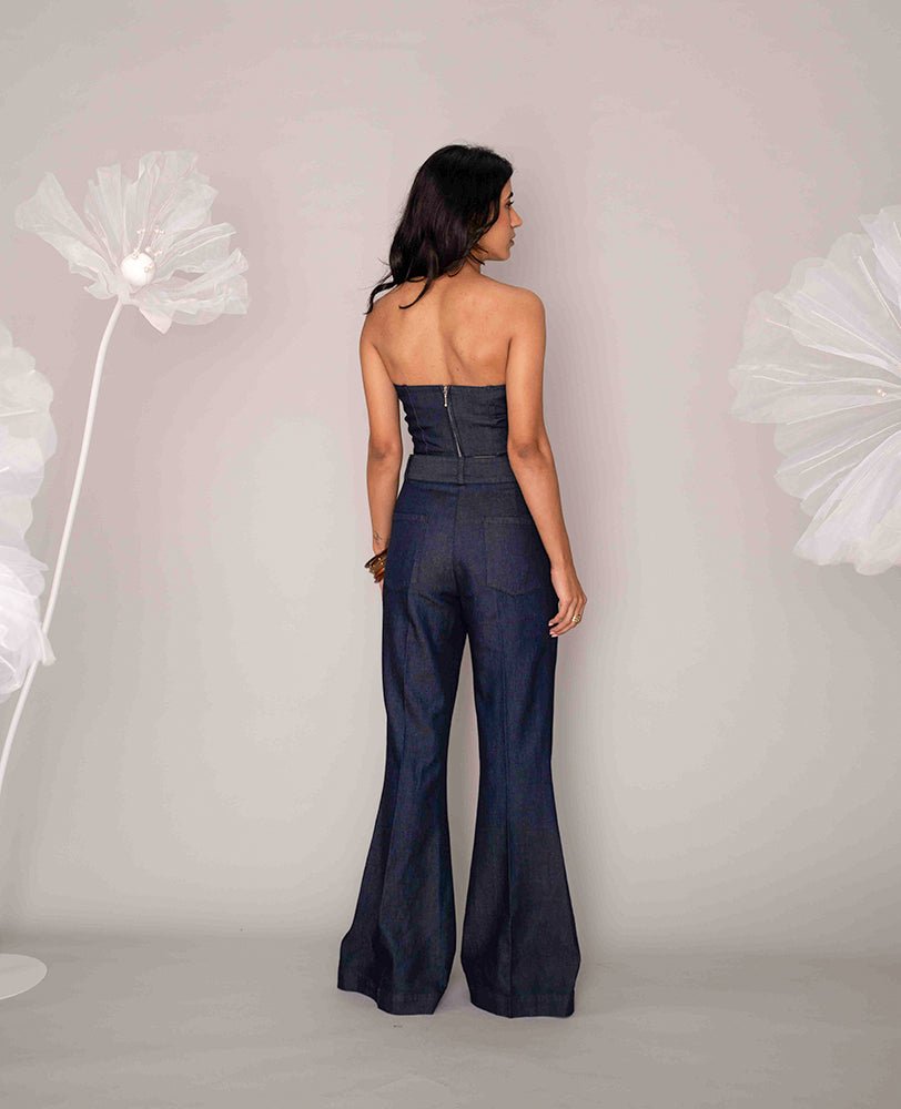 Dark Denim Sweetheart Neck Bustier Top with Wide - Leg Pants Co - ord Set - Mileenia