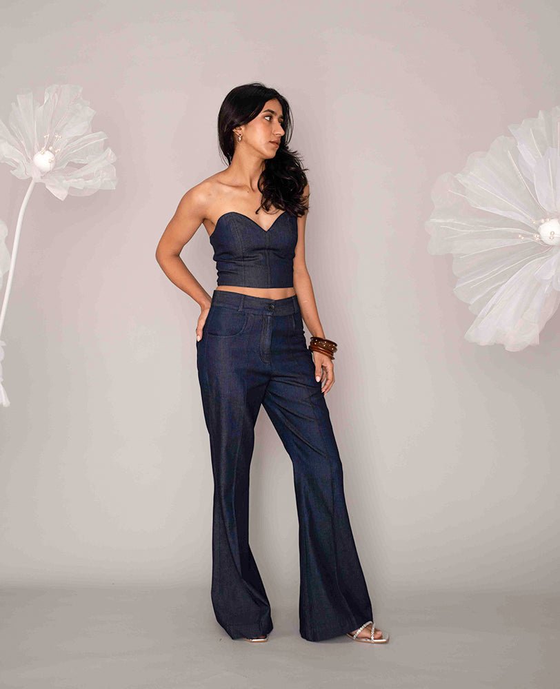 Dark Denim Sweetheart Neck Bustier Top with Wide - Leg Pants Co - ord Set - Mileenia
