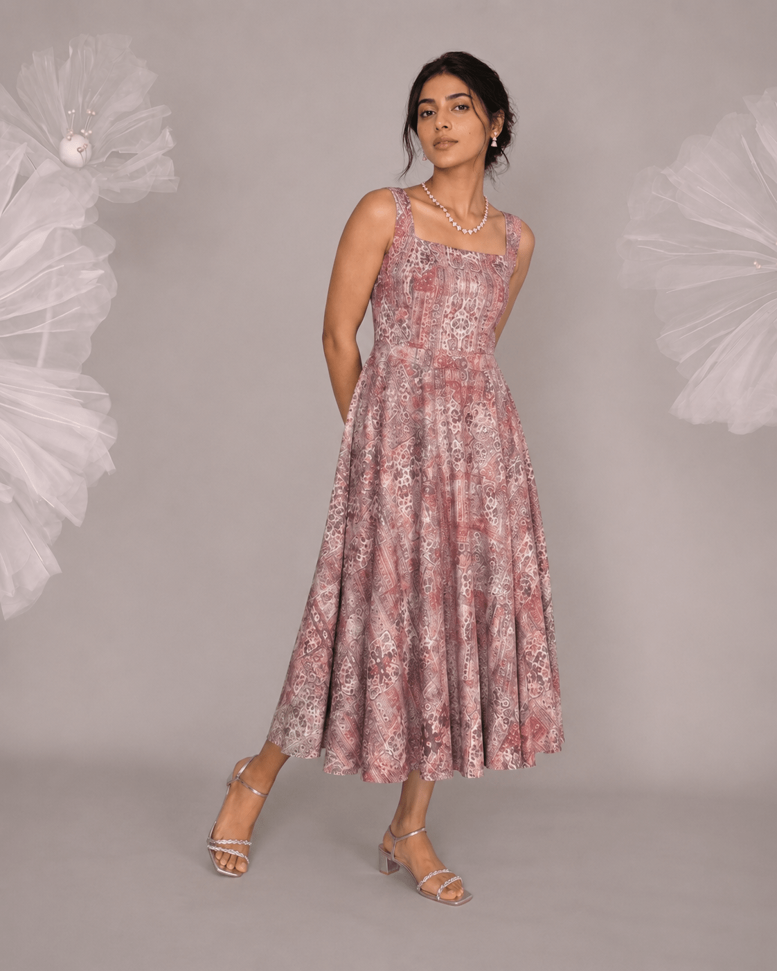 Dusty Rose Cotton Square Neck Flared Midi Dress - Mileenia