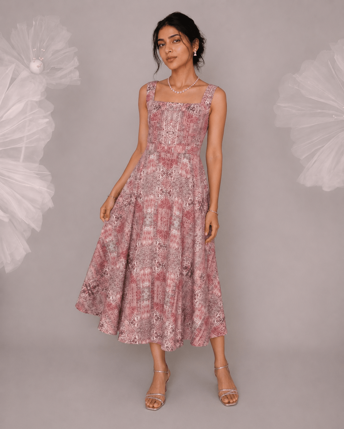 Dusty Rose Cotton Square Neck Flared Midi Dress - Mileenia