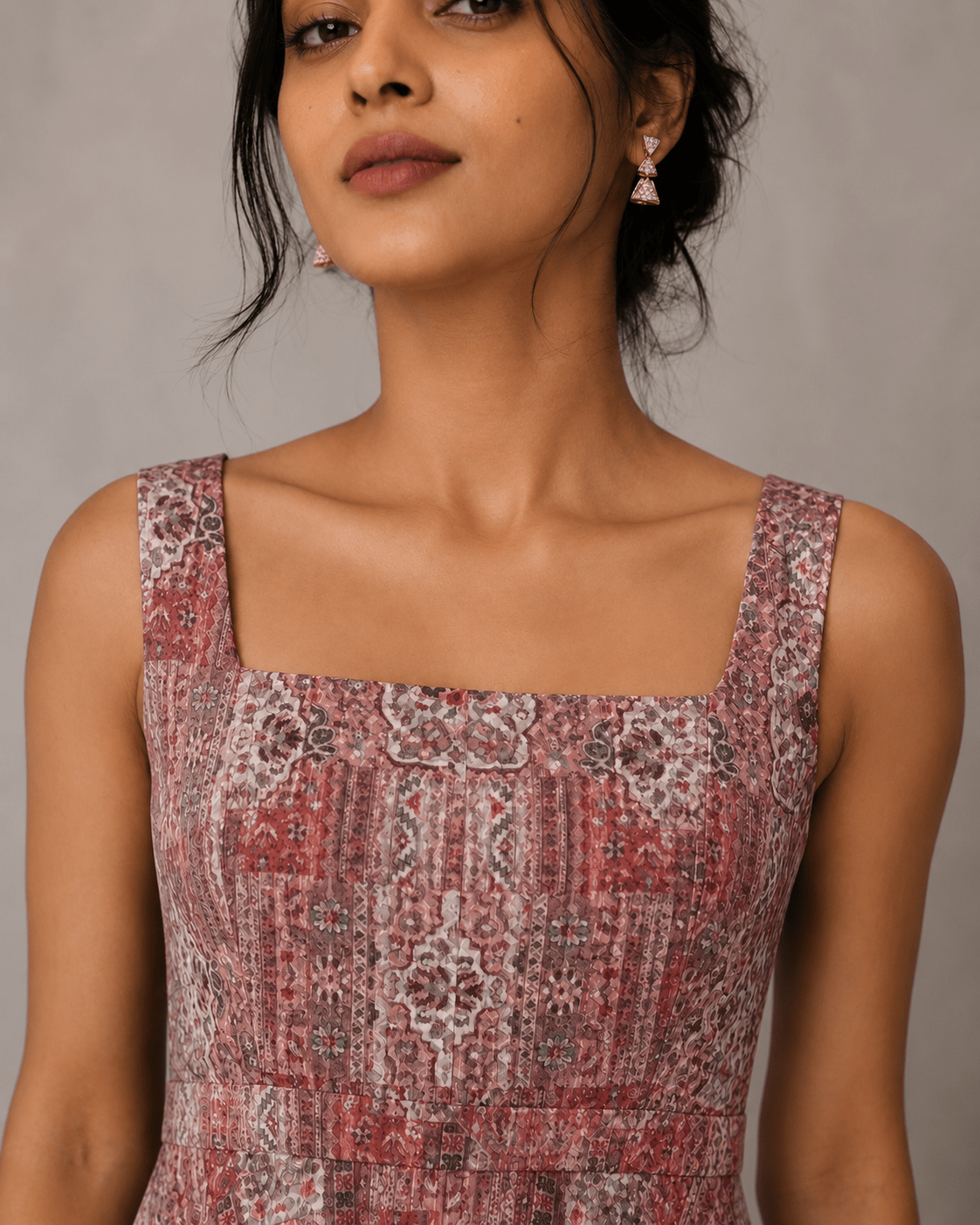 Dusty Rose Cotton Square Neck Flared Midi Dress - Mileenia