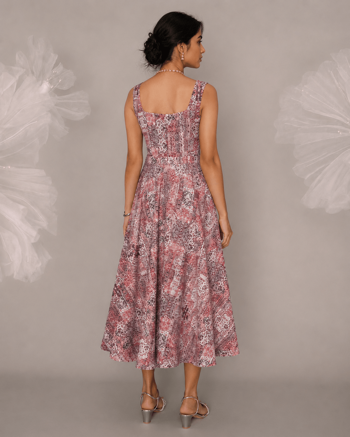 Dusty Rose Cotton Square Neck Flared Midi Dress - Mileenia