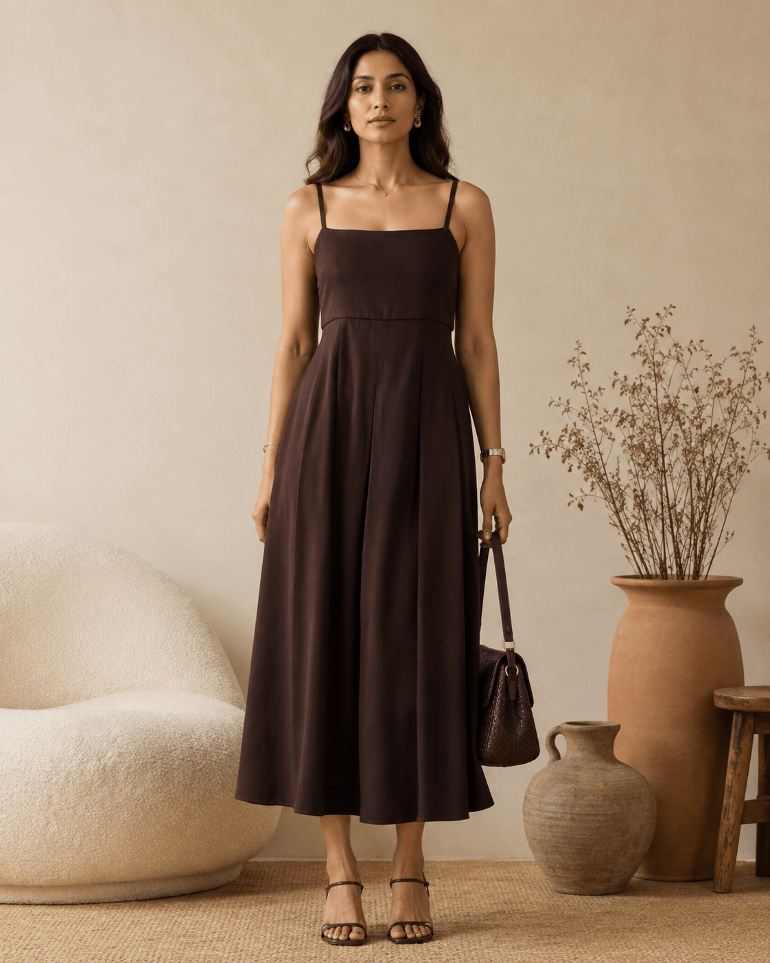 Espresso Brown Satin Square Neck Pleated Midi Dress - Mileenia