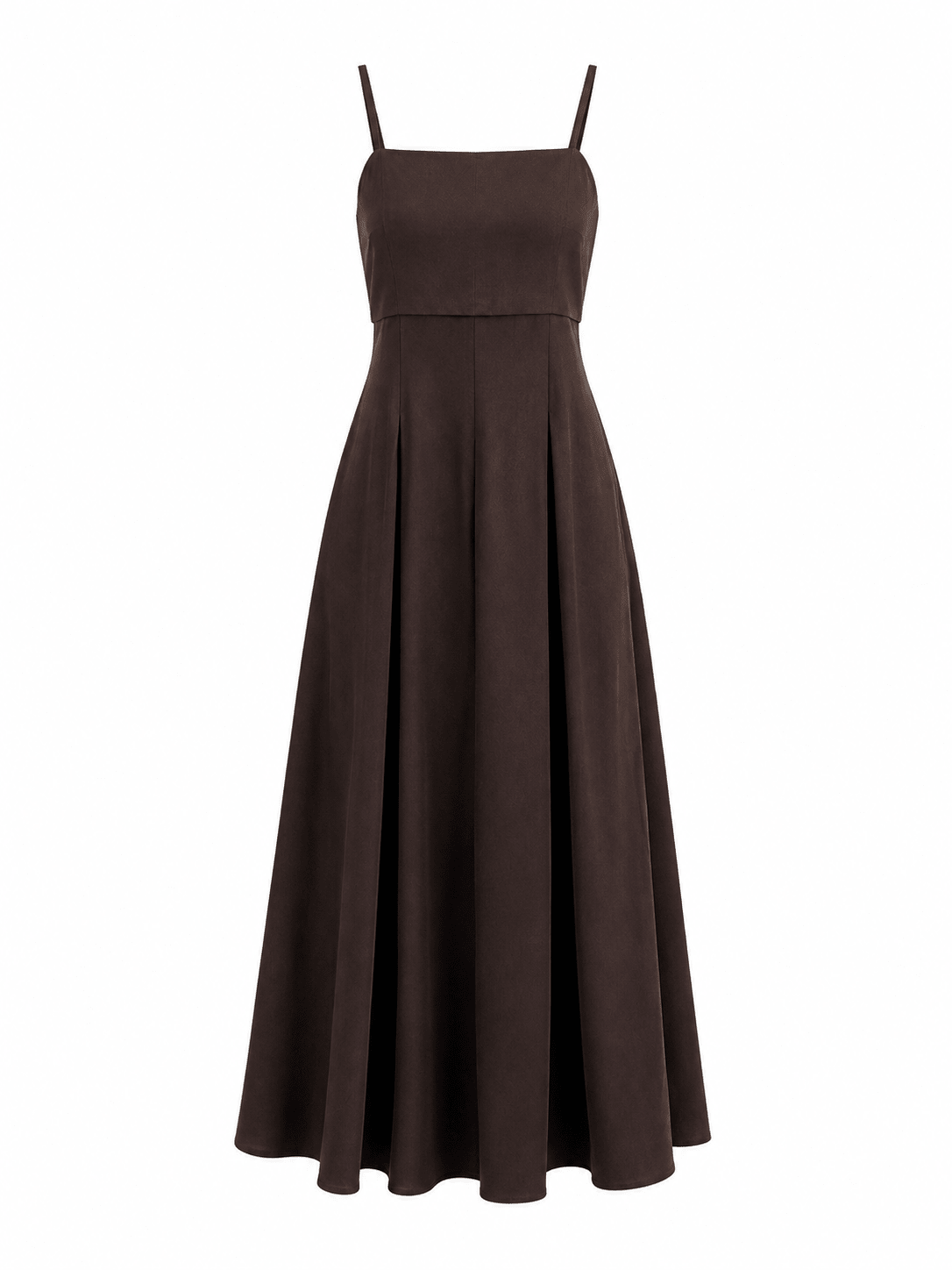 Espresso Brown Satin Square Neck Pleated Midi Dress - Mileenia