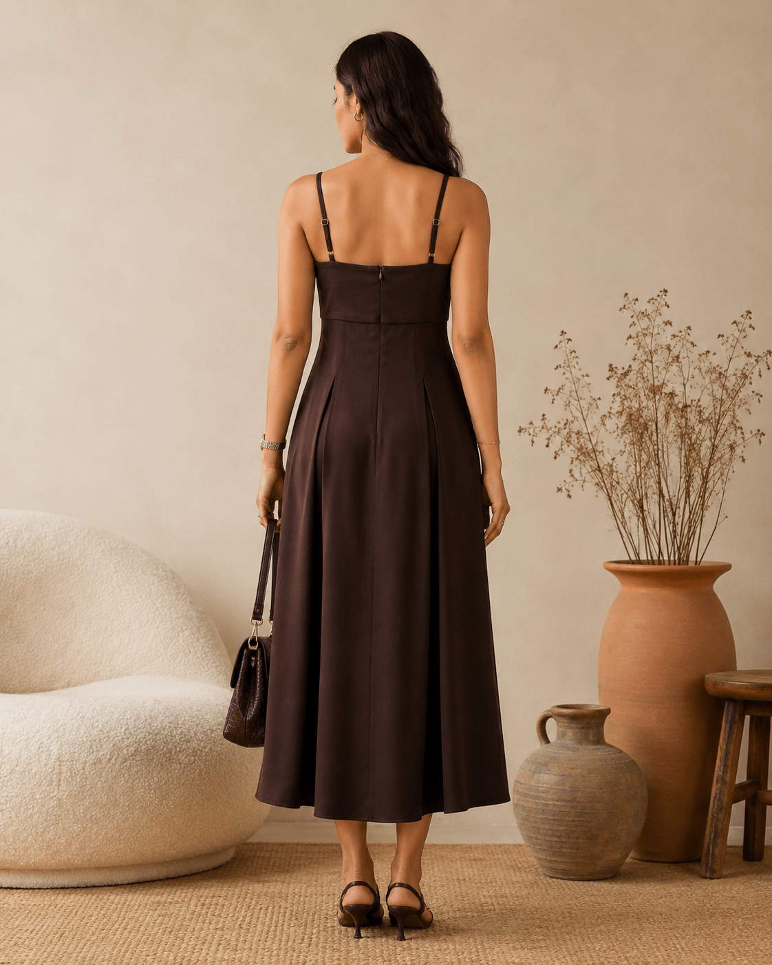 Espresso Brown Satin Square Neck Pleated Midi Dress - Mileenia