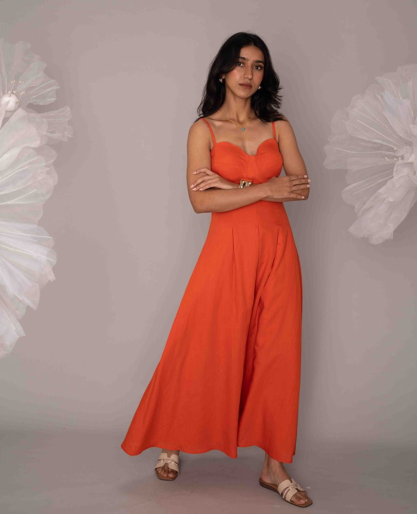 Fiery Orange Sweetheart Neck Strappy Maxi Dress - Mileenia