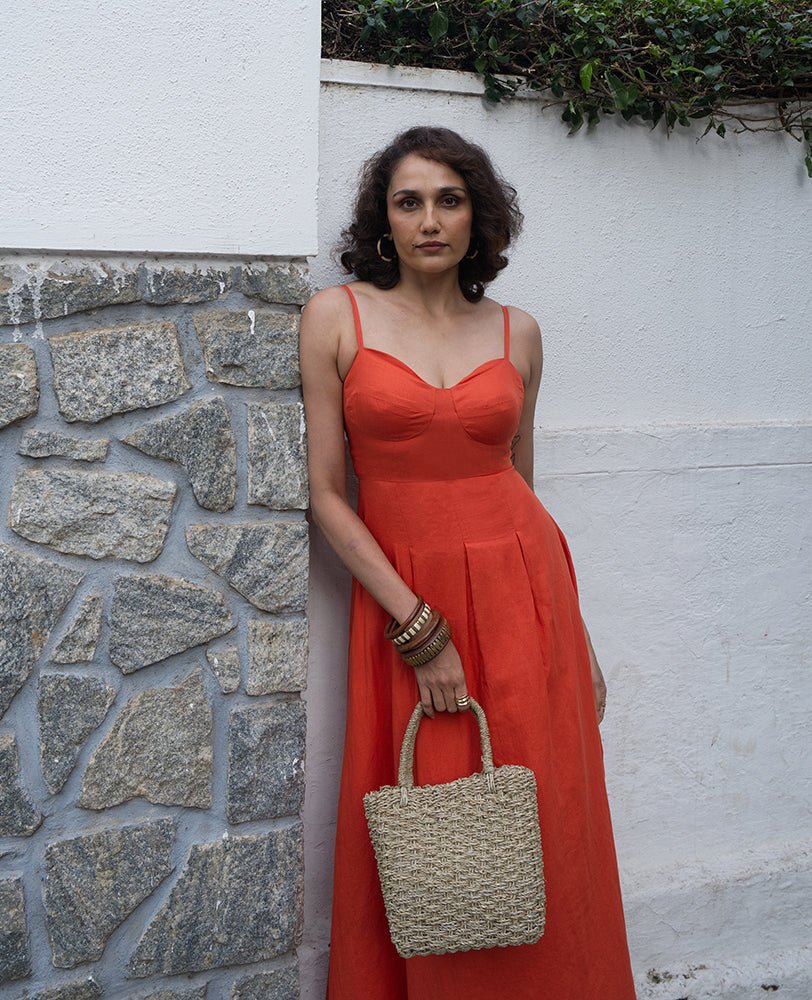 Fiery Orange Sweetheart Neck Strappy Maxi Dress - Mileenia