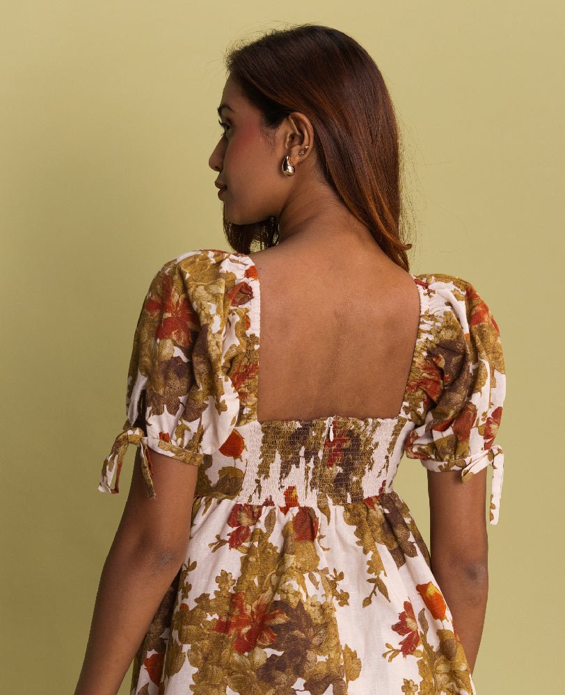 Floral Print Puff Sleeve Empire Waist Mini Dress - Mileenia