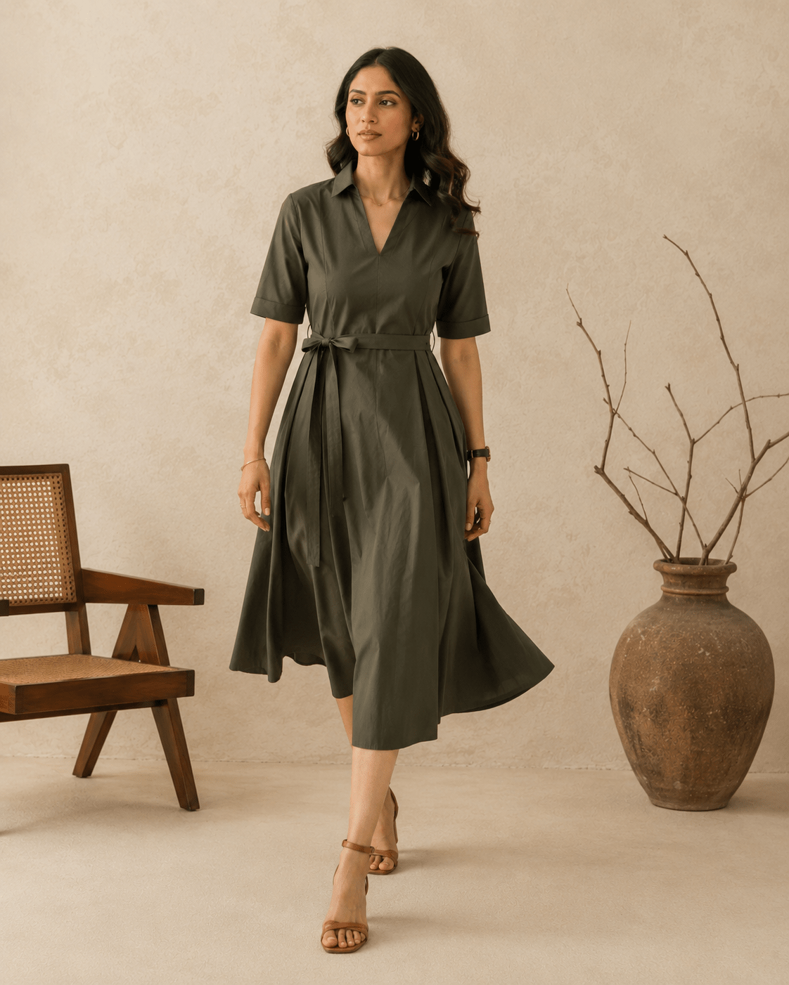 Forest Green Cotton Shirt Collar Belted Midi Dress - Mileenia