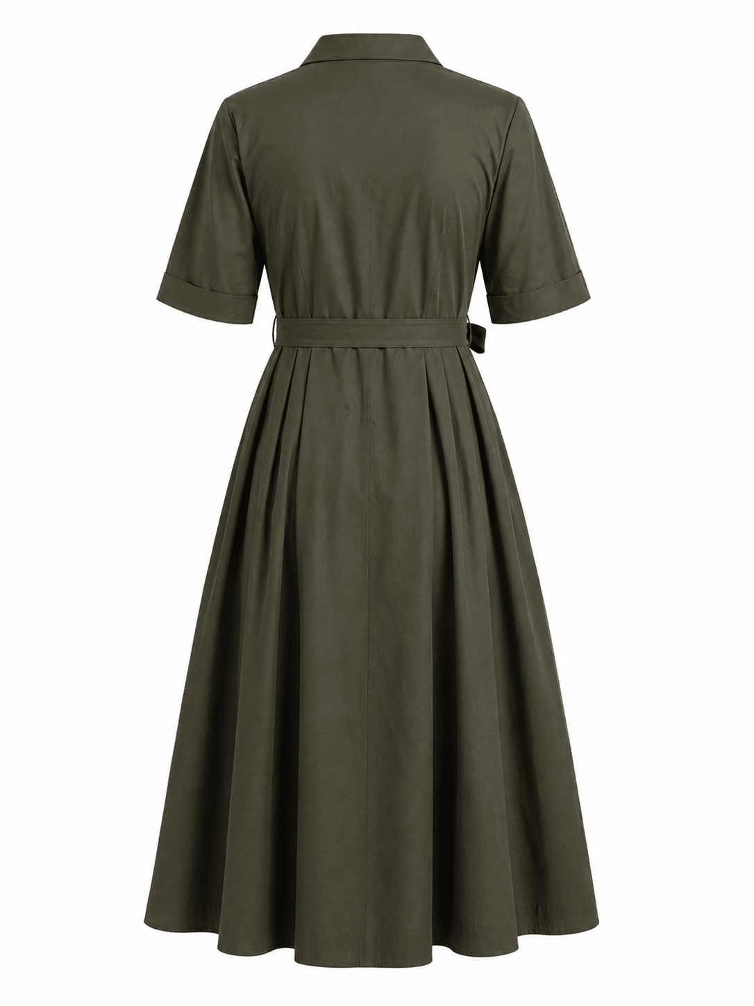 Forest Green Cotton Shirt Collar Belted Midi Dress - Mileenia