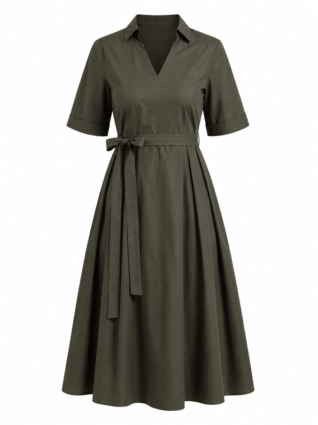 Forest Green Cotton Shirt Collar Belted Midi Dress - Mileenia