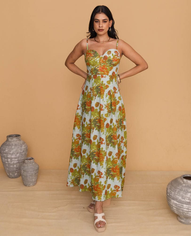 Green Floral Sweetheart Neck Strappy Maxi Dress Green Floral Sweetheart Neck Strappy Maxi Dress