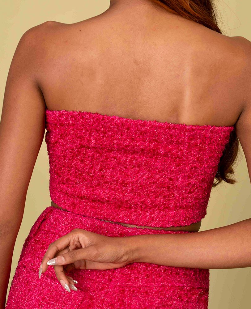 Hot Pink Textured Co - ord Set with Strapless Crop Top & Mini Skirt - Mileenia