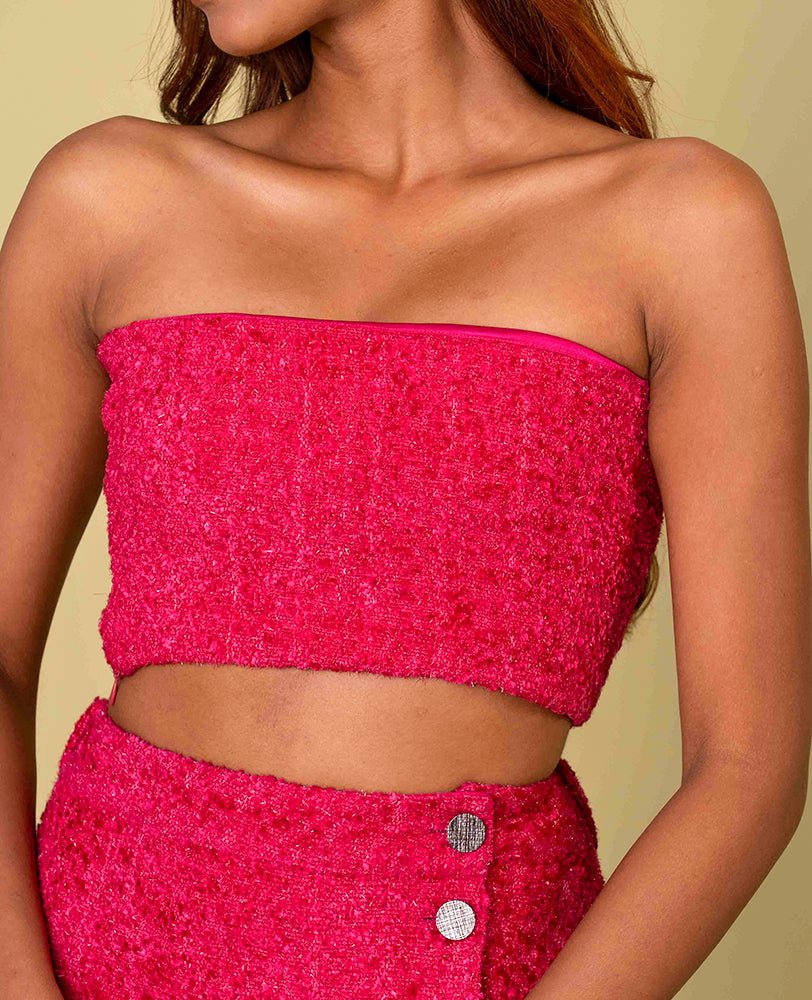 Hot Pink Textured Co - ord Set with Strapless Crop Top & Mini Skirt - Mileenia
