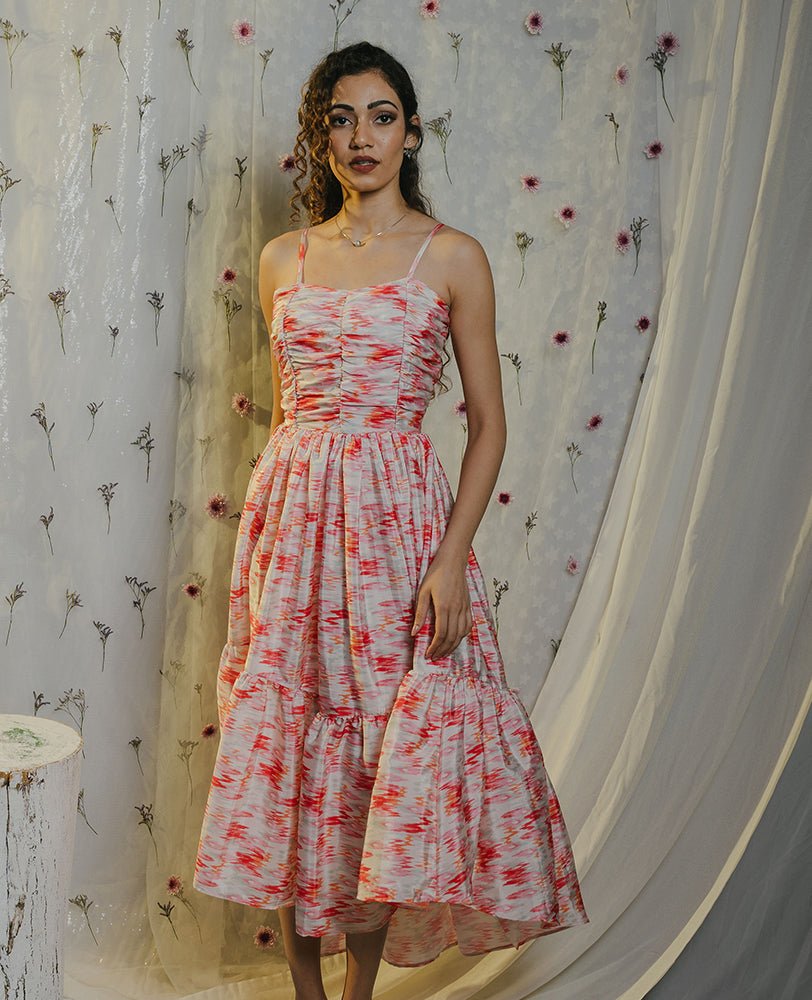 Ikkat Satin High Low Strap Dress - Mileenia