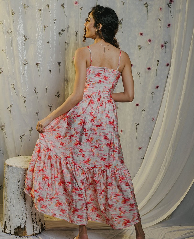Ikkat Satin High Low Strap Dress - Mileenia