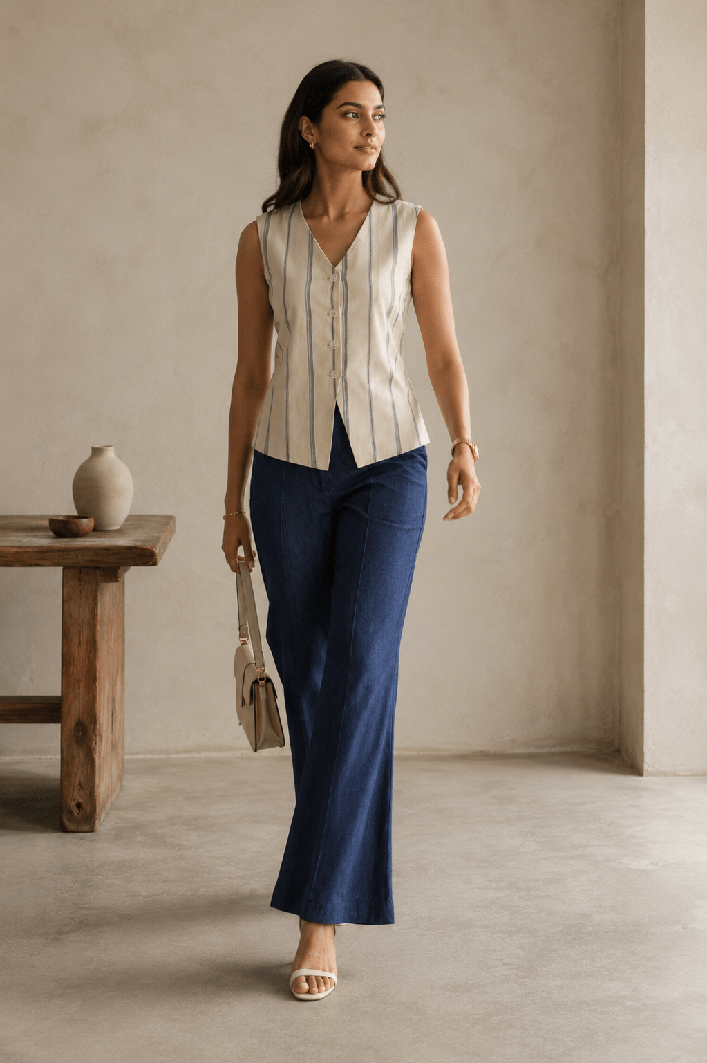 Ivory Navy Stripe Sleeveless Tailored Waistcoat - Mileenia