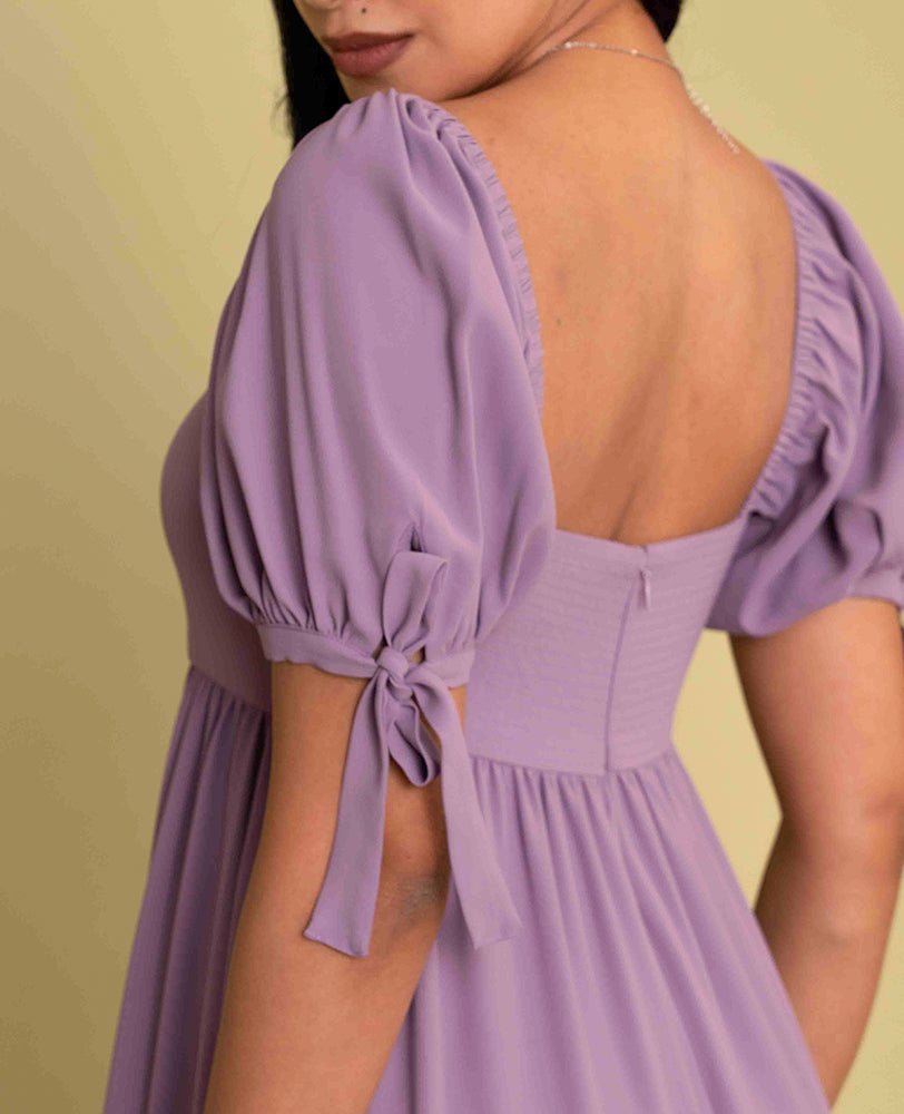 Lavender Cotton Puff Sleeve Tiered Midi Dress - Mileenia