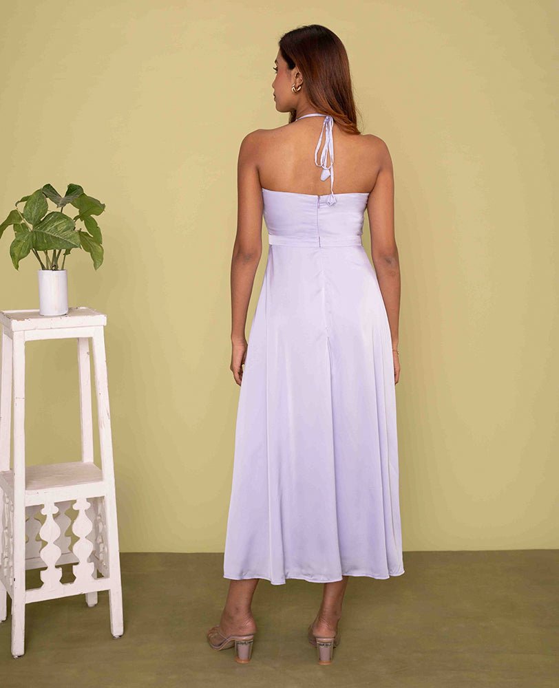 Lavender Satin Halter Neck Flared Midi Dress - Mileenia
