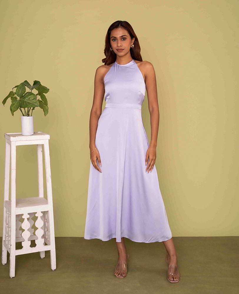 Lavender Satin Halter Neck Flared Midi Dress