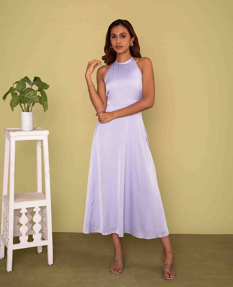 purple midi satin dress Lavender Satin Halter Neck Flared Midi Dress