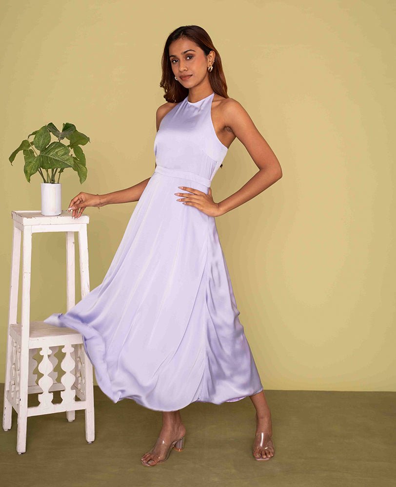 Lavender Satin Halter Neck Flared Midi Dress - Mileenia