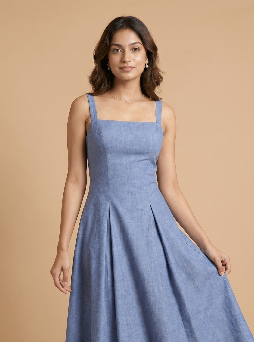 Light Blue Cotton Square Neck Flared Midi Dress - Mileenia