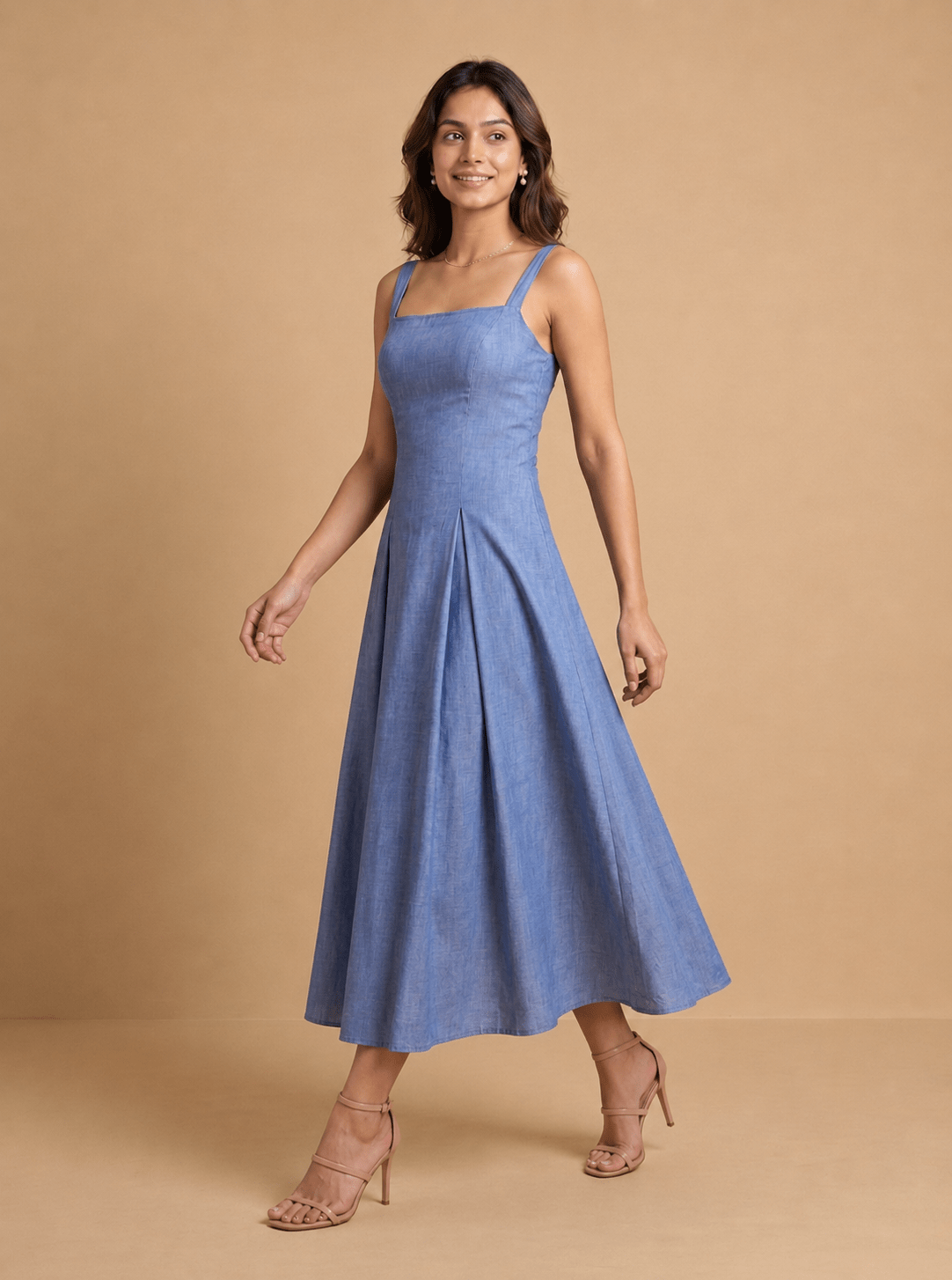 Light Blue Cotton Square Neck Flared Midi Dress - Mileenia
