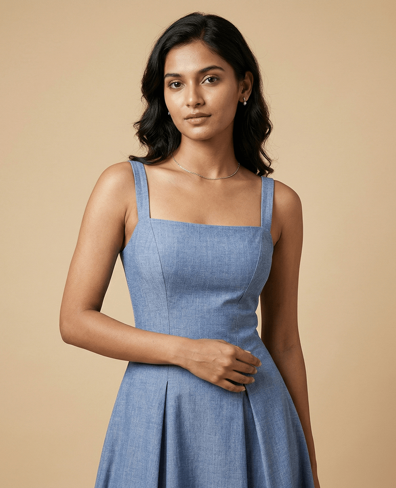 Light Blue Cotton Square Neck Flared Midi Dress - Mileenia