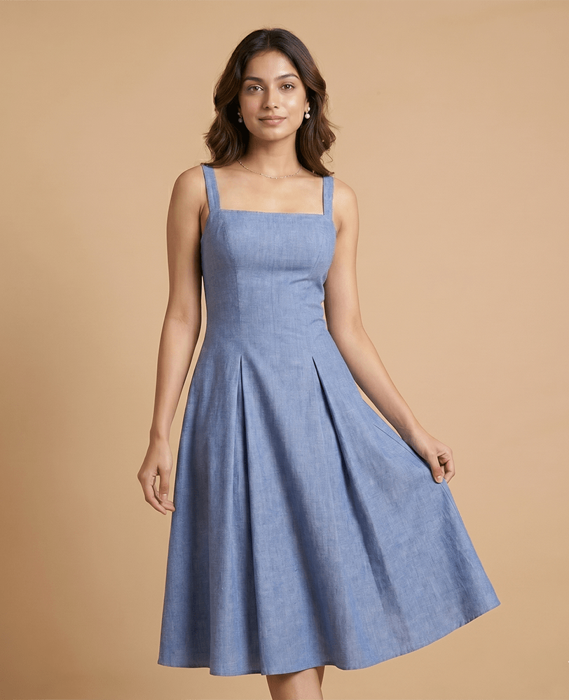Light Blue Cotton Square Neck Flared Midi Dress - Mileenia