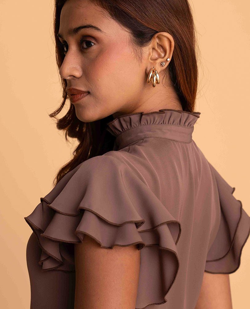 Mauve Button - Down Midi Dress with Ruffle Sleeves - Mileenia