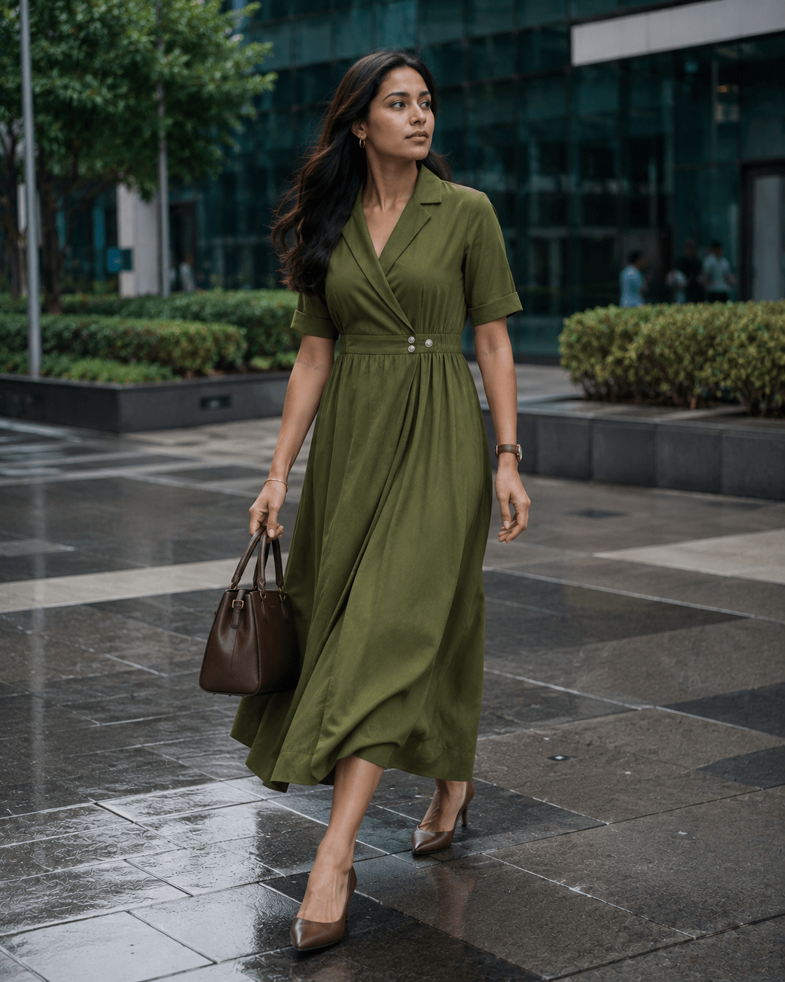Olive Rayon Blazer-Style Double Button Midi Dress - Mileenia