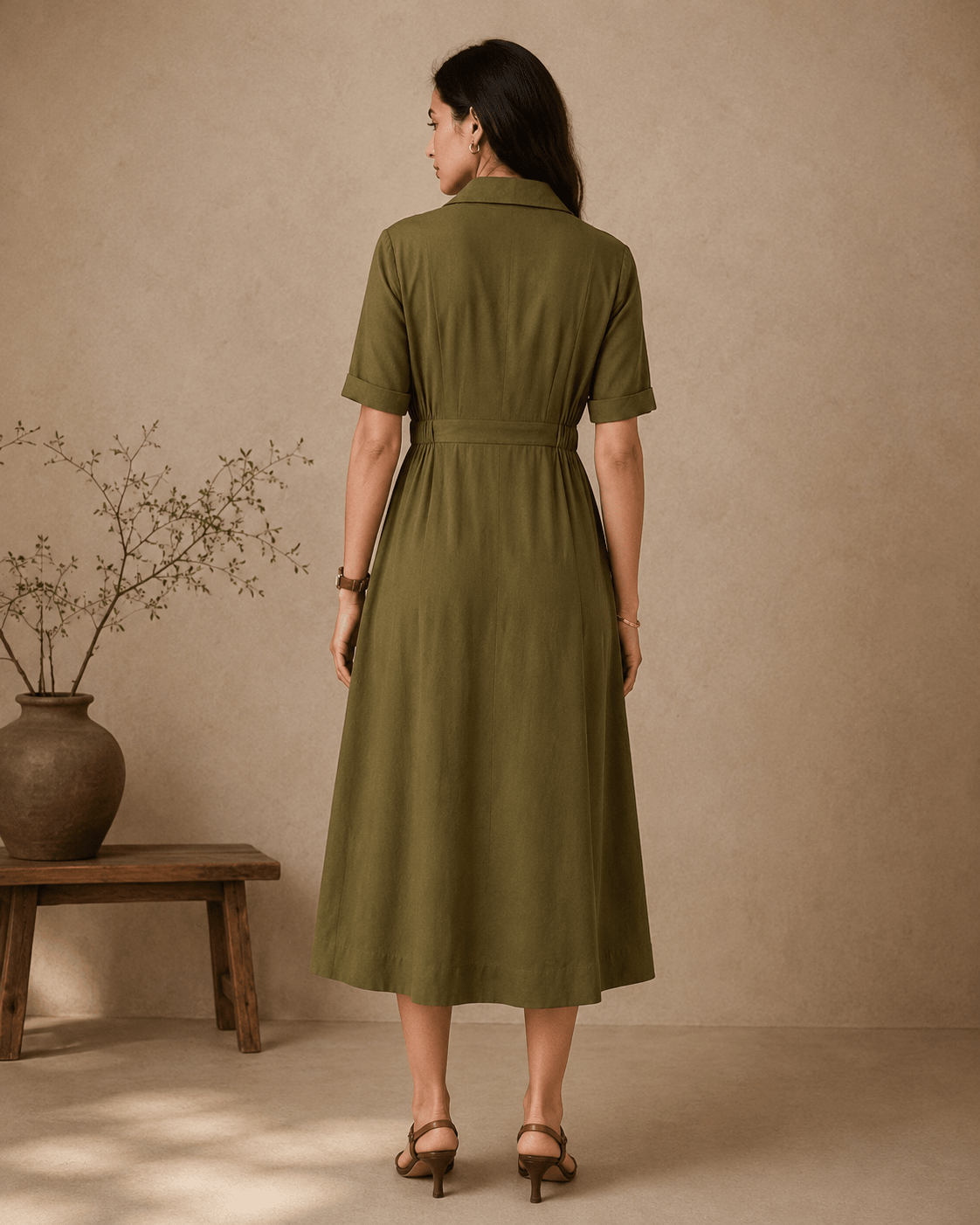 Olive Rayon Blazer-Style Double Button Midi Dress - Mileenia