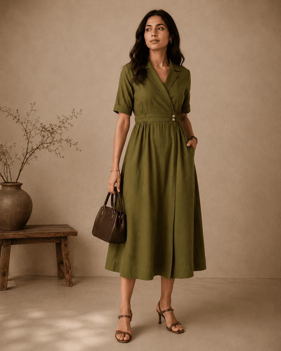 Olive Rayon Blazer-Style Double Button Midi Dress - Mileenia