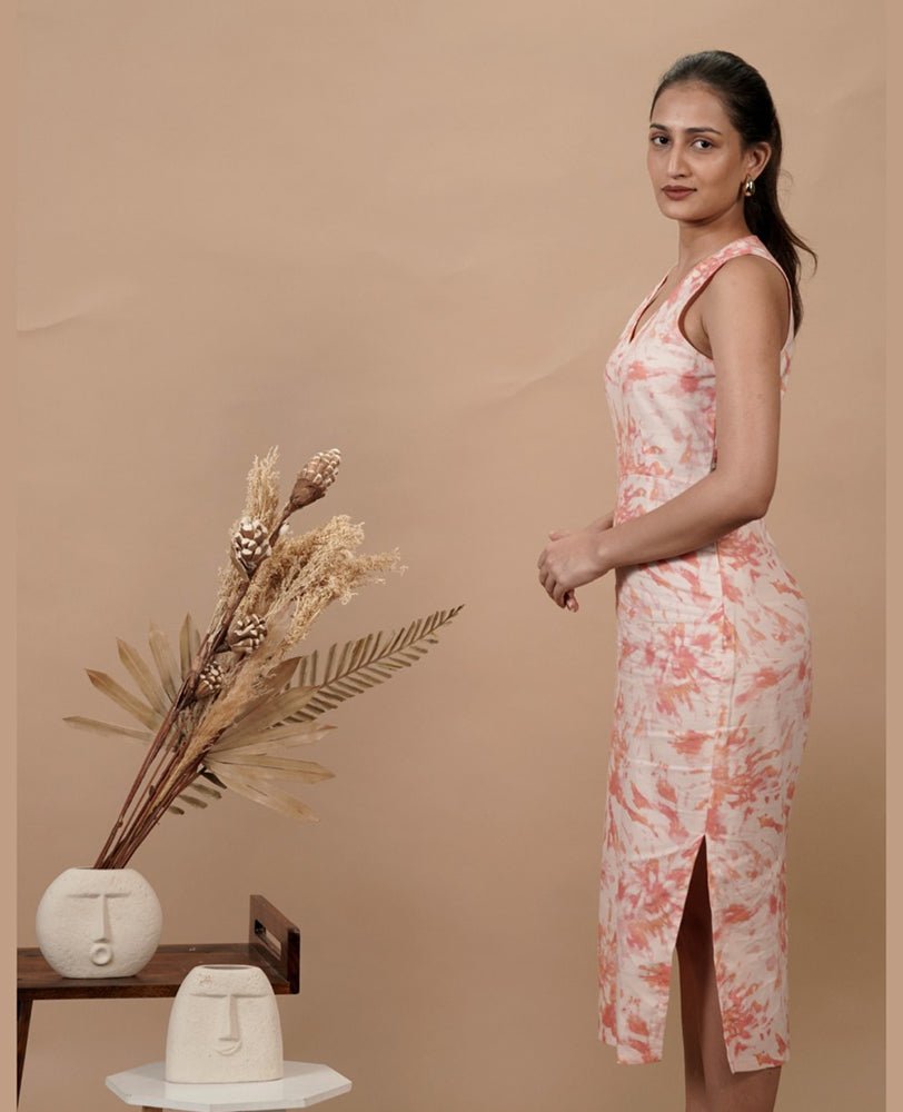 Peach Printed V Neck Fitted Dress - Mileenia