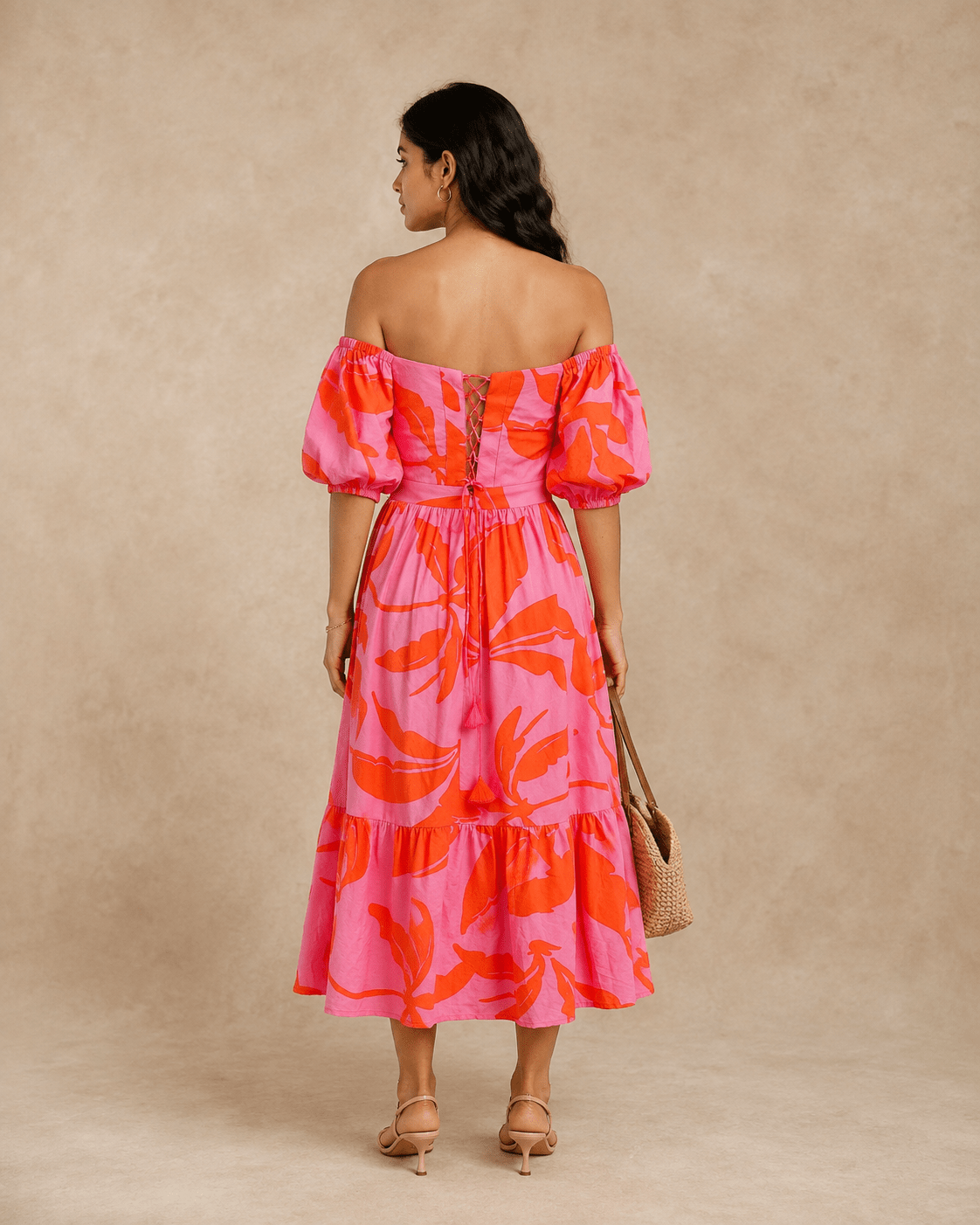 Pink Abstract Floral Bardot Neck Puff Sleeve Tiered Midi Dress - Mileenia