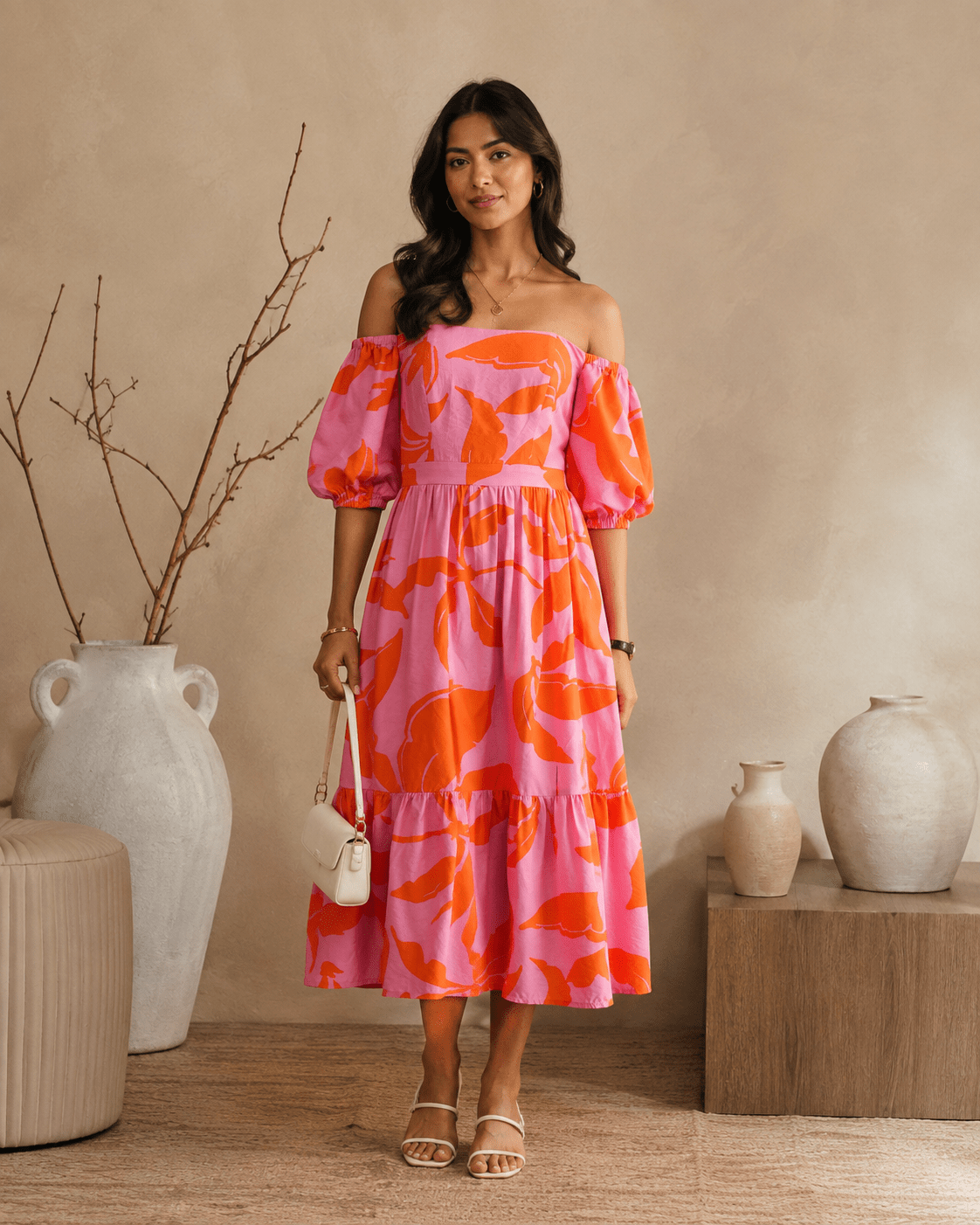 Pink Abstract Floral Bardot Neck Puff Sleeve Tiered Midi Dress - Mileenia