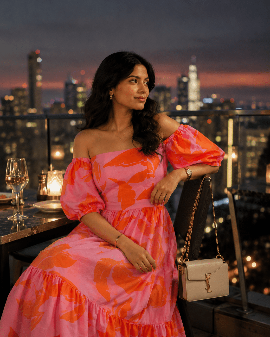 Pink Abstract Floral Bardot Neck Puff Sleeve Tiered Midi Dress - Mileenia