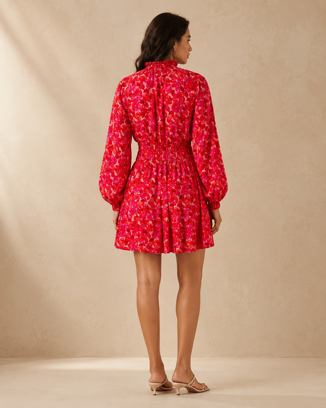 Pink Abstract Floral Bardot Neck Puff Sleeve Tiered Midi Dress - Mileenia
