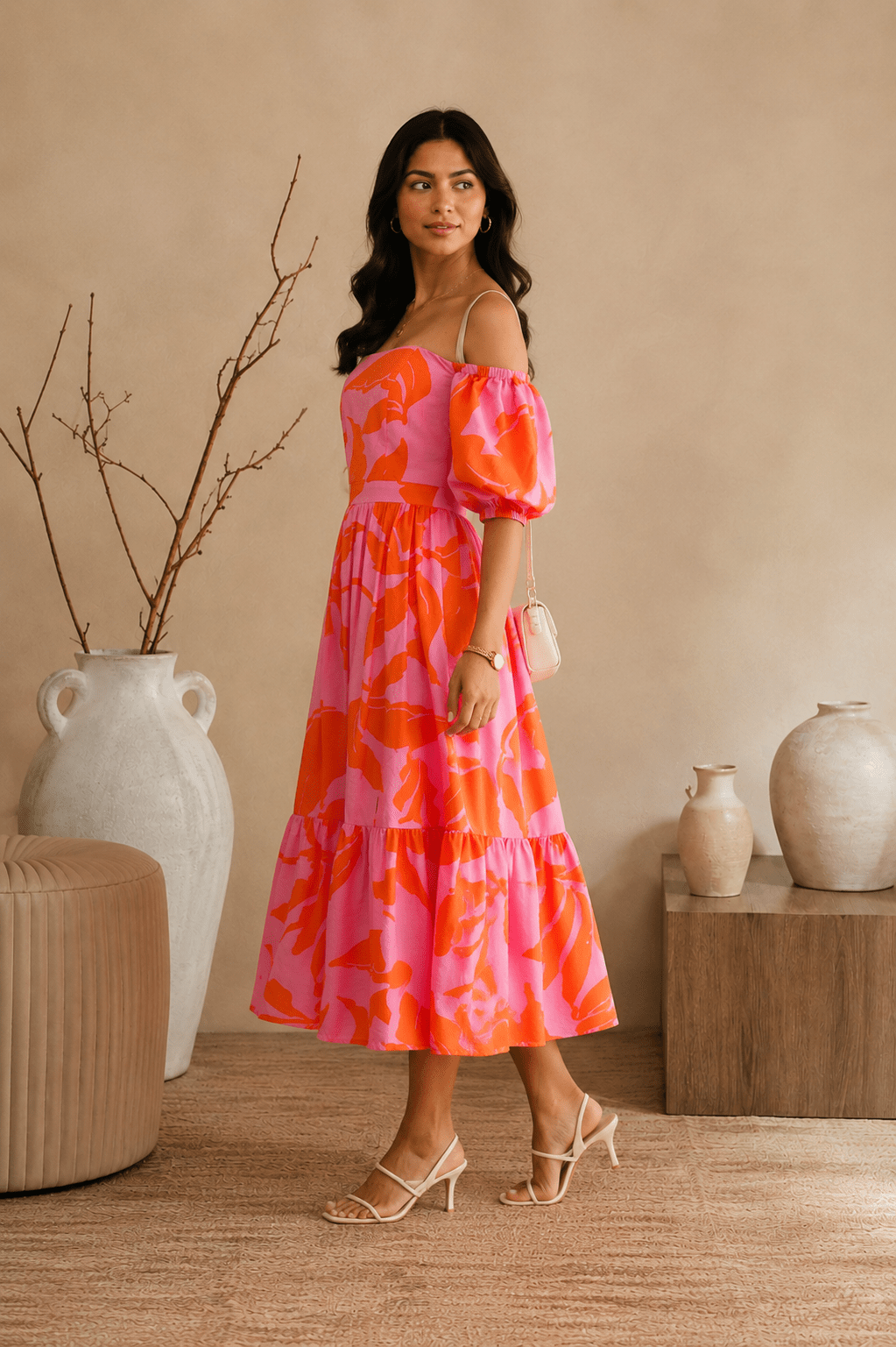 Pink Abstract Floral Bardot Neck Puff Sleeve Tiered Midi Dress - Mileenia
