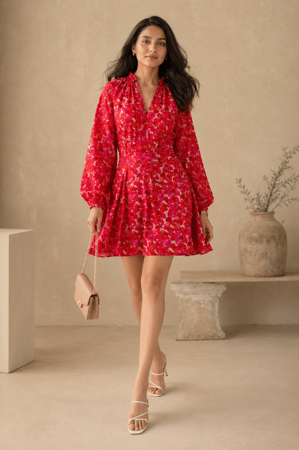 Pink Abstract Floral Bardot Neck Puff Sleeve Tiered Midi Dress - Mileenia