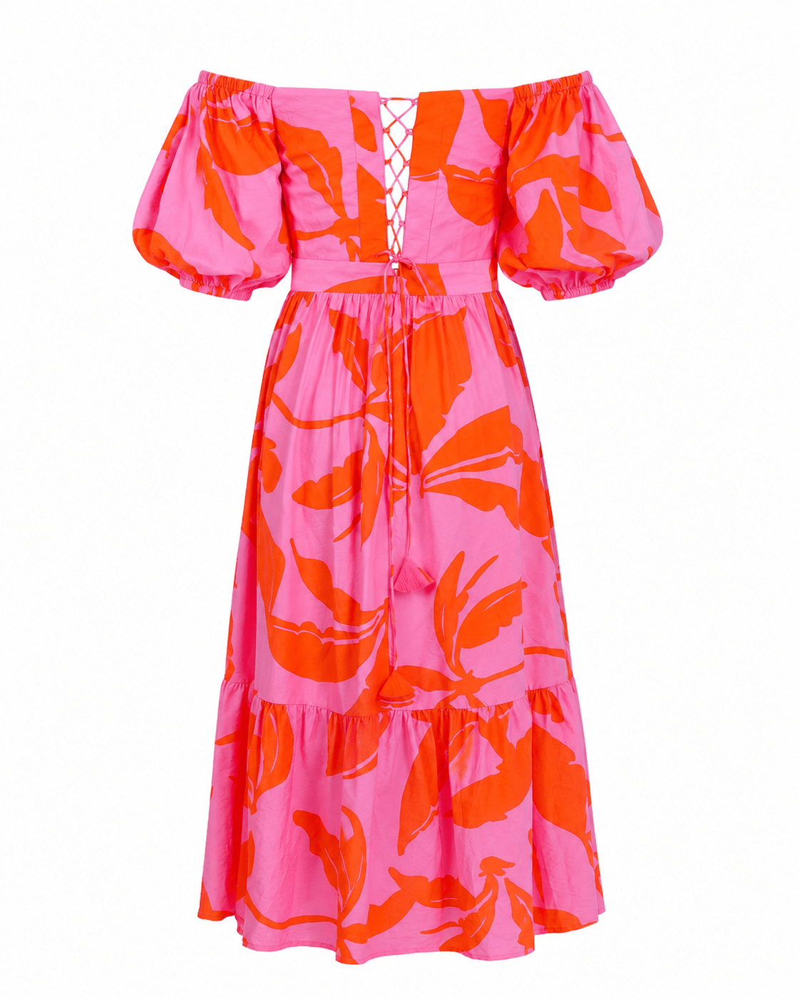 Pink Abstract Floral Bardot Neck Puff Sleeve Tiered Midi Dress - Mileenia