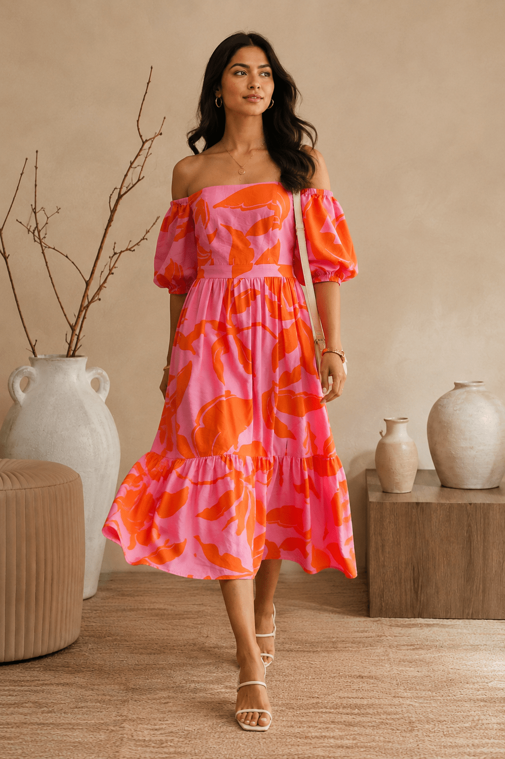 Pink Abstract Floral Bardot Neck Puff Sleeve Tiered Midi Dress - Mileenia