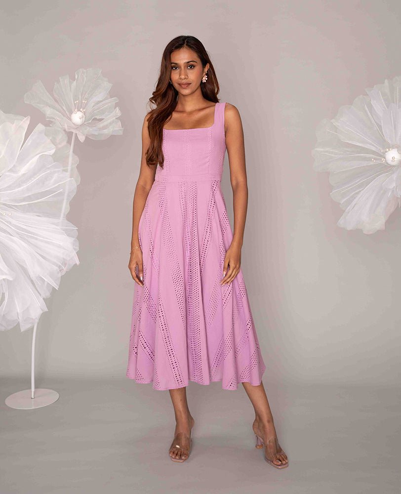 Pink Cotton Hakoba Square Neck Flared Midi Dress - Mileenia