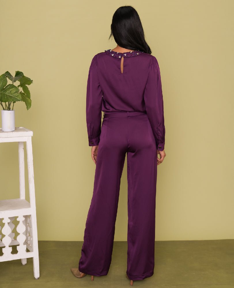Purple Satin Embellished Collar Shirt with Wide - Leg Pants Co - ord Set - Mileenia