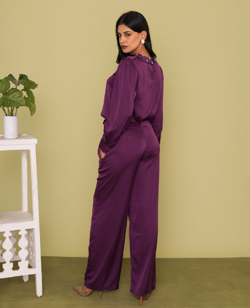Purple Satin Embellished Collar Shirt with Wide - Leg Pants Co - ord Set - Mileenia