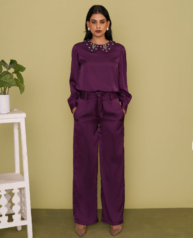 Purple Satin Embellished Collar Shirt with Wide - Leg Pants Co - ord Set - Mileenia